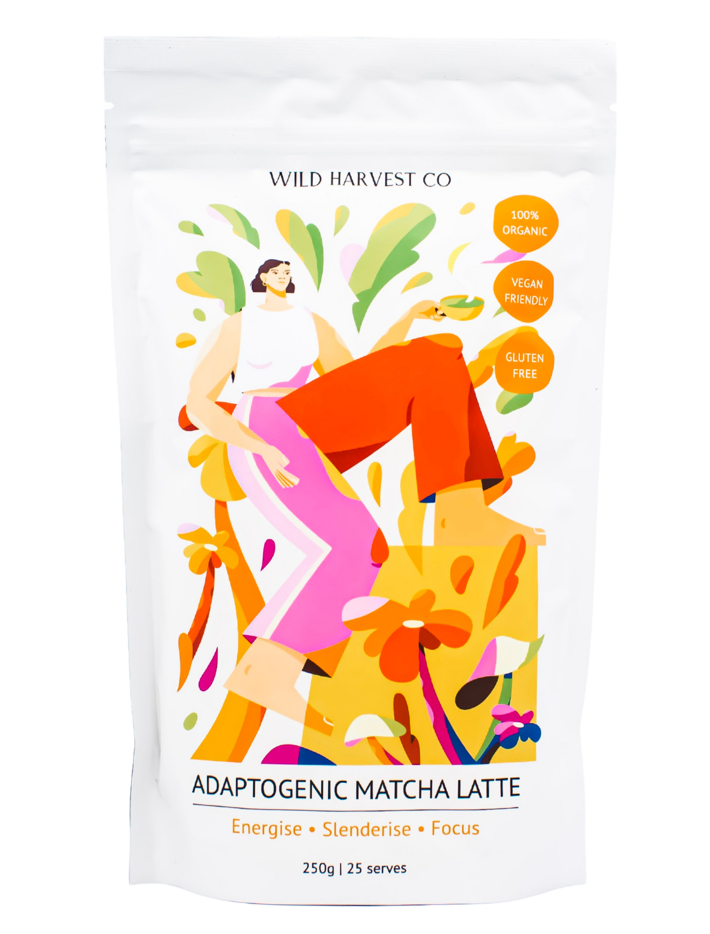Wild Harvest Co Adaptogenic Matcha Latte Pouch with the illustration of a woman sitting down and holding a hot cup of matcha latte amongst a field of flowers