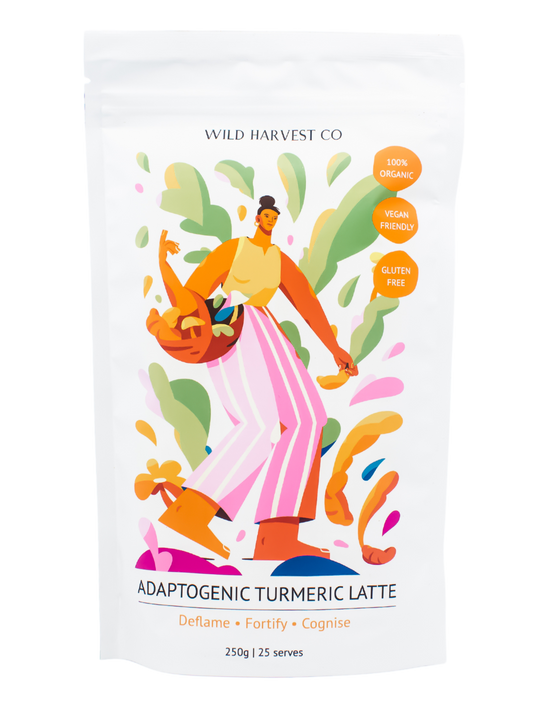 Wild Harvest Co Adaptogenic Turmeric Latte Supplement Pouch with the illustration of a woman carrying in one arm a basket full of wild mushrooms and turmeric while harvesting turmeric with the other hand