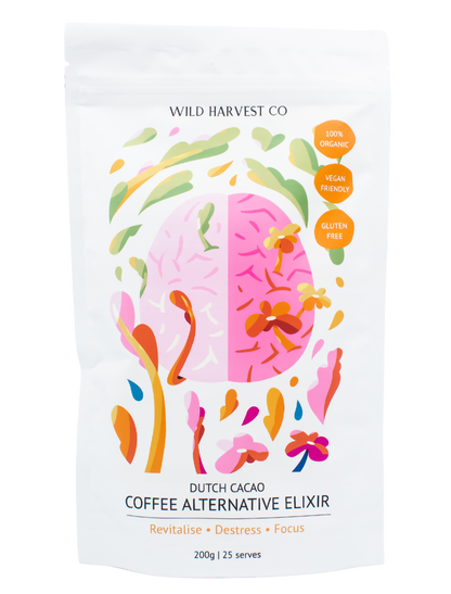 Wild Harvest Co Coffee Alternative Elixir Pouch with the illustration of a brain with flowers growing from it