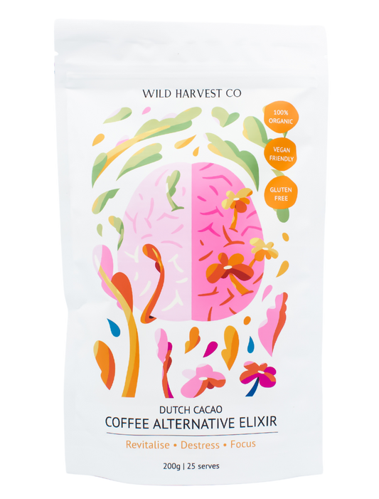 Wild Harvest Co Coffee Alternative Elixir Pouch with the illustration of a brain with flowers growing from it