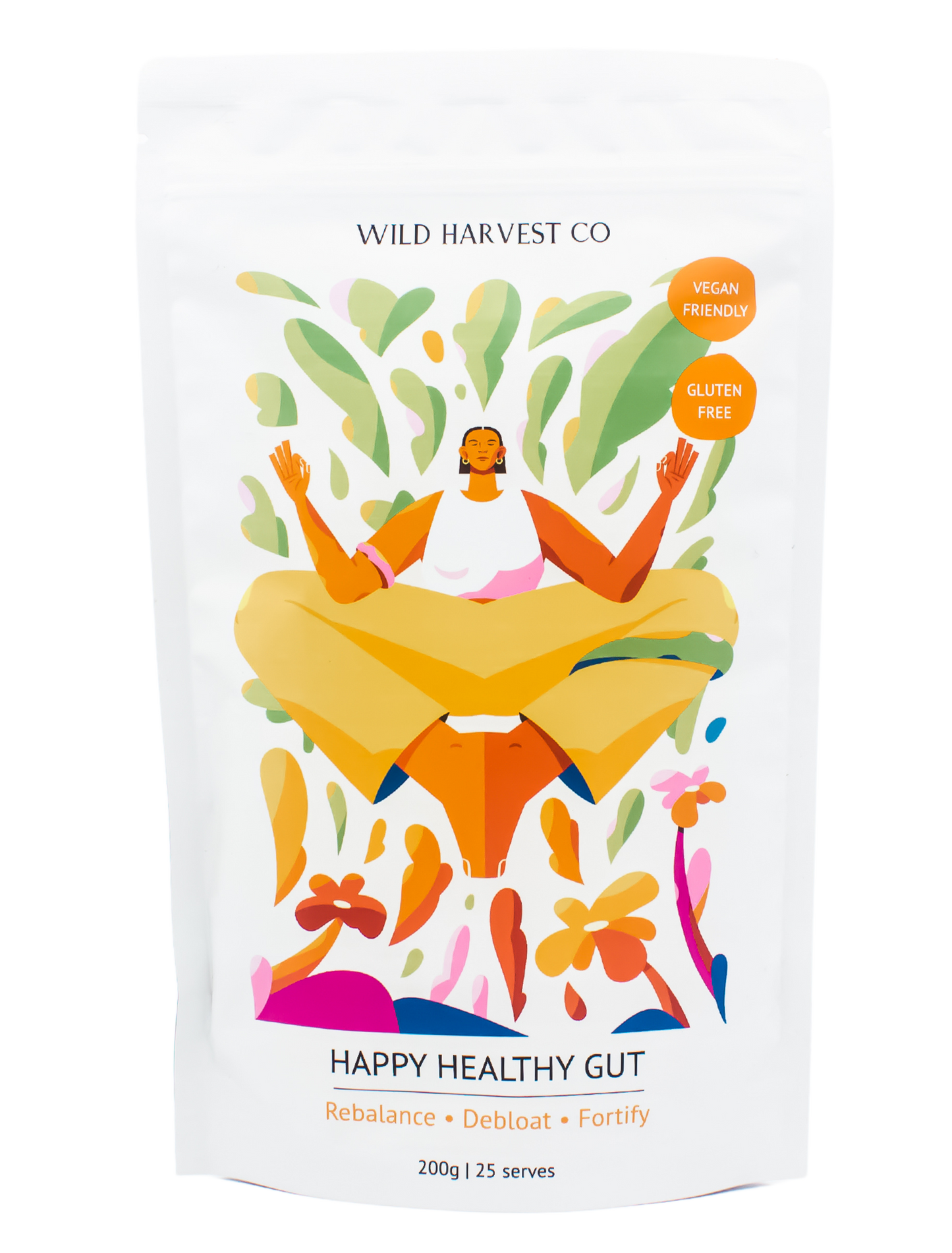 Wild Harvest Co Happy Healthy Gut Supplement Pouch with the illustration of a woman doing a meditation quarter lotus pose