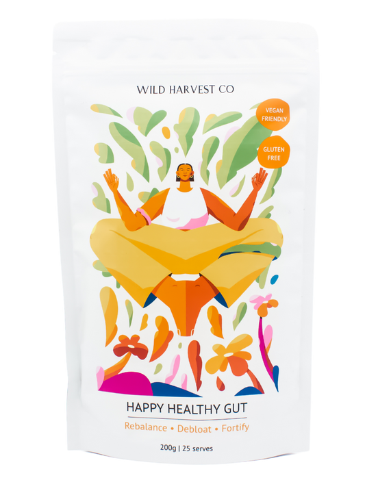 Wild Harvest Co Happy Healthy Gut Supplement Pouch with the illustration of a woman doing a meditation quarter lotus pose