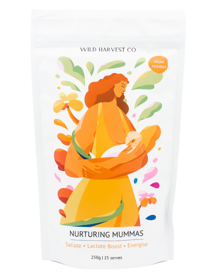 Wild Harvest Co Nurturing Mummas Supplement Pouch with the illustration of a woman holding a baby in her arms, while breastfeeding