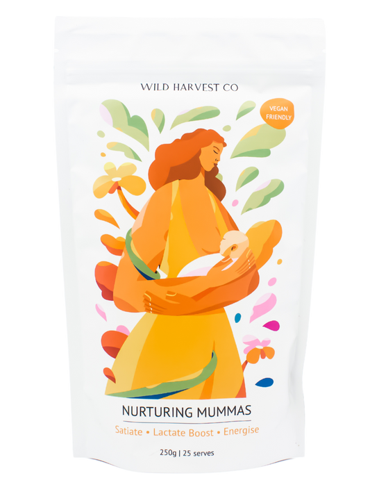 Wild Harvest Co Nurturing Mummas Supplement Pouch with the illustration of a woman holding a baby in her arms, while breastfeeding