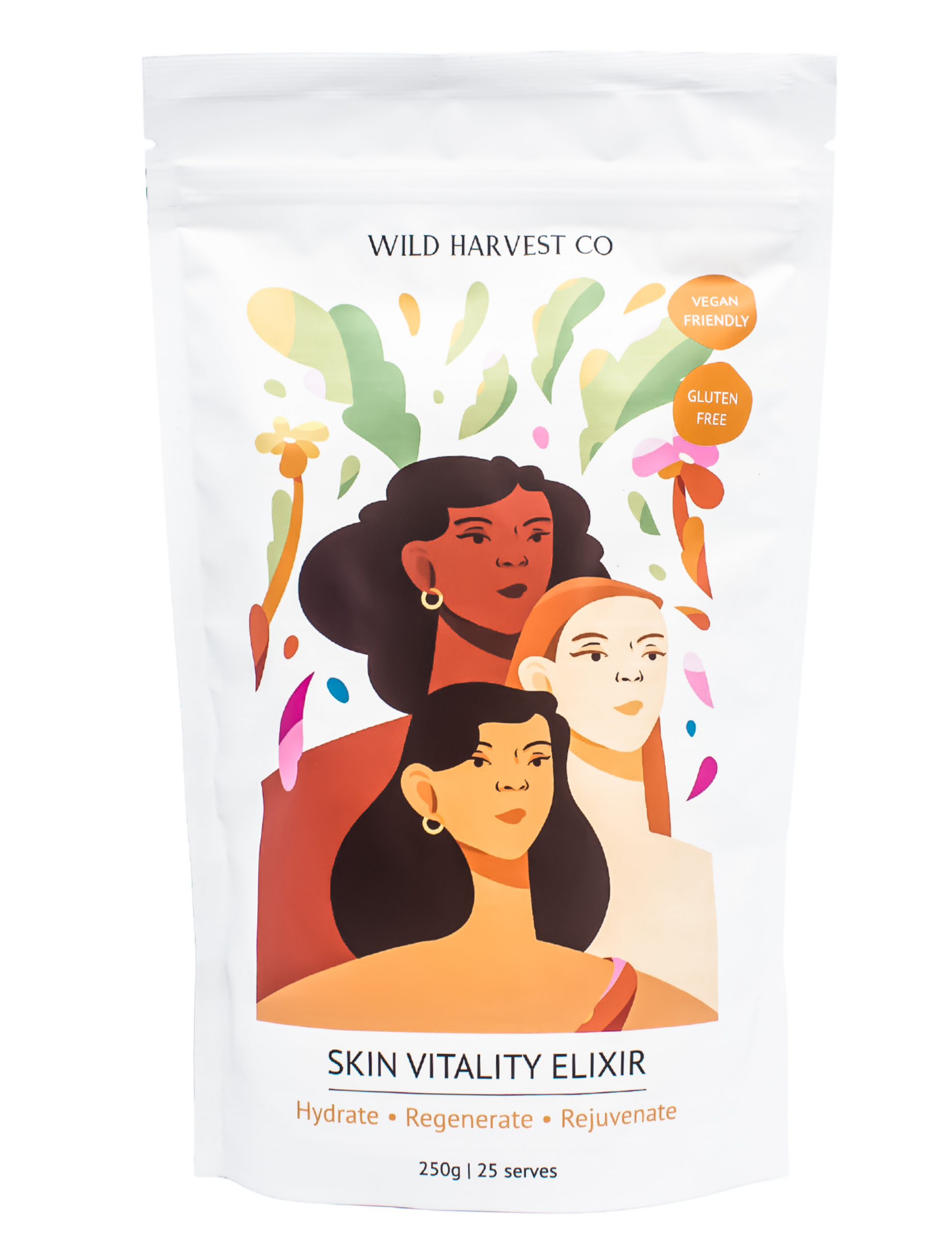 Wild Harvest Co Skin Vitality Elixir Pouch with three woman posing: a black woman with dark hair, a mulata with dark hair and a white woman with red hair