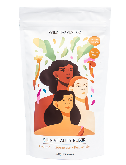 Wild Harvest Co Skin Vitality Elixir Pouch with three woman posing: a black woman with dark hair, a mulata with dark hair and a white woman with red hair