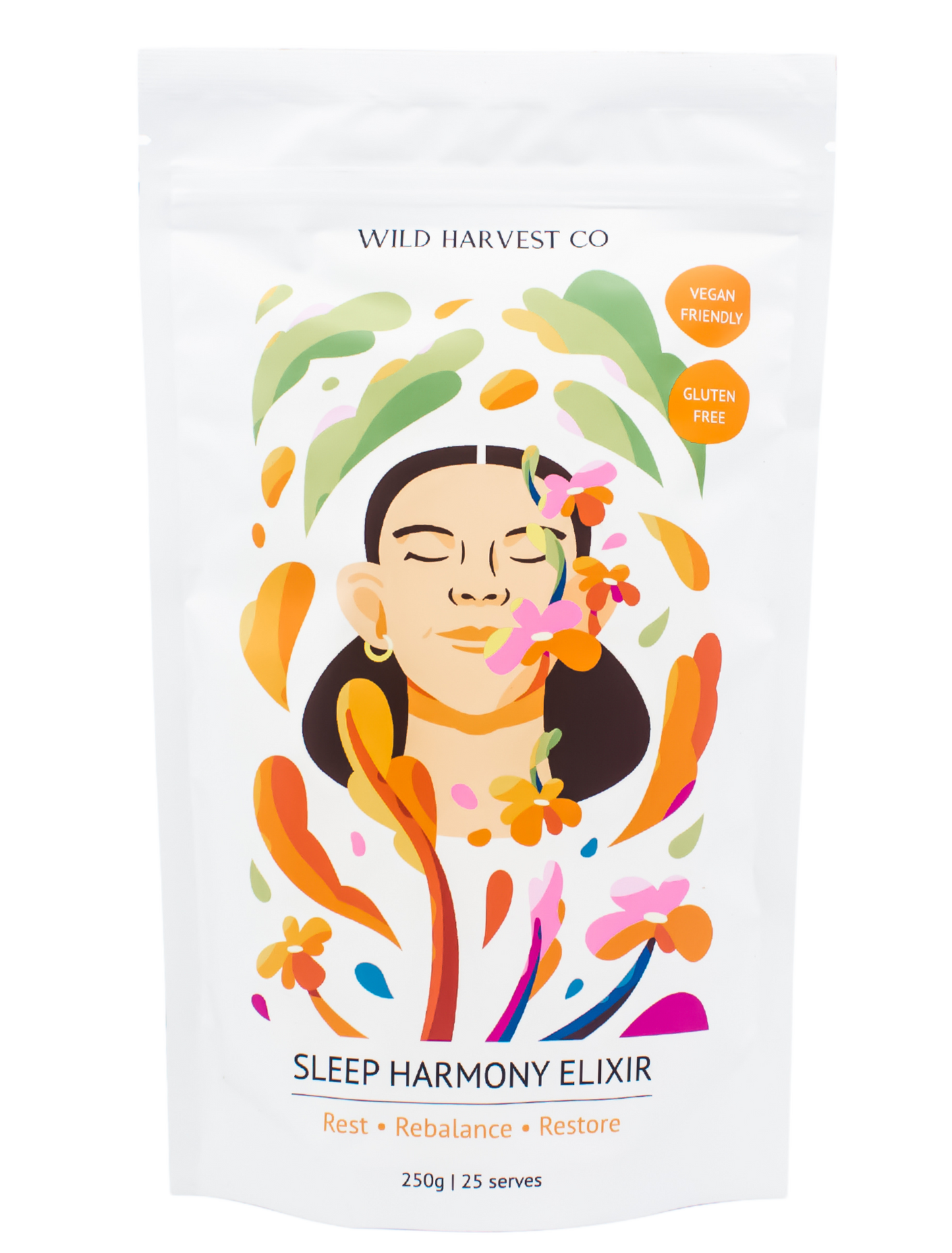 Wild Harvest Co Sleep Harmony Elixir Pouch with the illustration of a woman's face with closed eyes and flowers around her