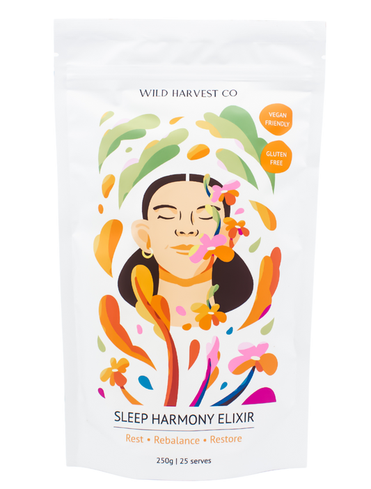 Wild Harvest Co Sleep Harmony Elixir Pouch with the illustration of a woman's face with closed eyes and flowers around her