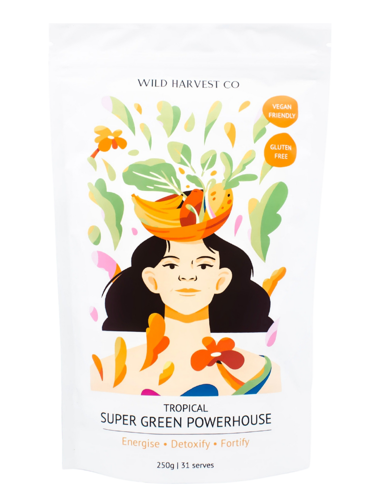 Wild Harvest Co Tropical Supergreen Powerhouse Supplement Pouch with the illustration of a woman with a fruit and vegetable basket on her head